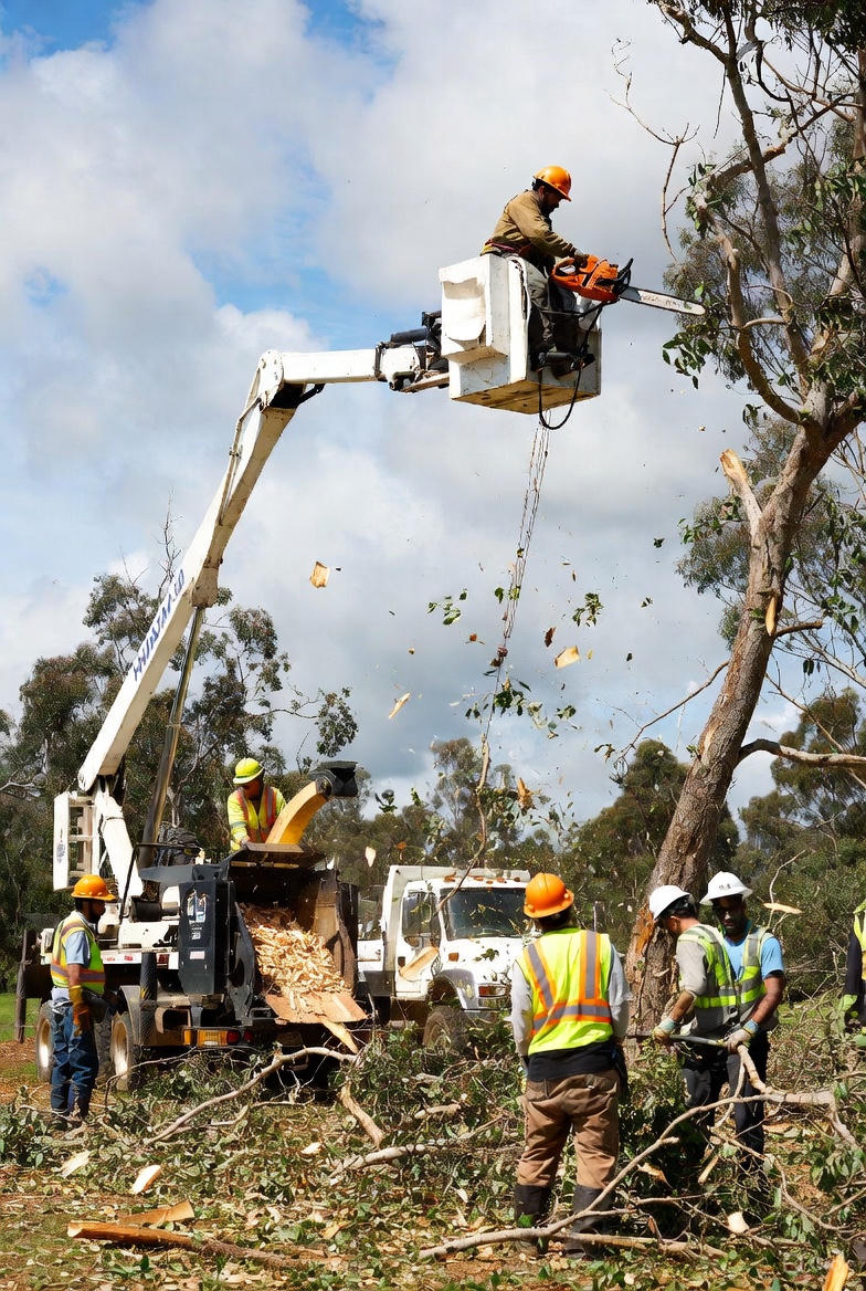 Professional tree service crew using bucket truck and chainsaw for tree removal